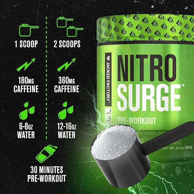 Jacked Factory NITROSURGE Pre Workout Supplement - Endless Energy, Instant Strength Gains, Clear Focus, Intense Pumps - NO Booster & Preworkout Powder with Beta Alanine - 10 Servings, Cherry Limeade