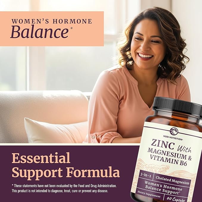 Zinc and Magnesium Supplement with Vitamin B6 | Women’s Hormone Balance, Menstrual Cycle & Immune Support | High Absorption Chelated Magnesium Glycinate with Zinc Picolinate and VIT B6 | 60 Ct