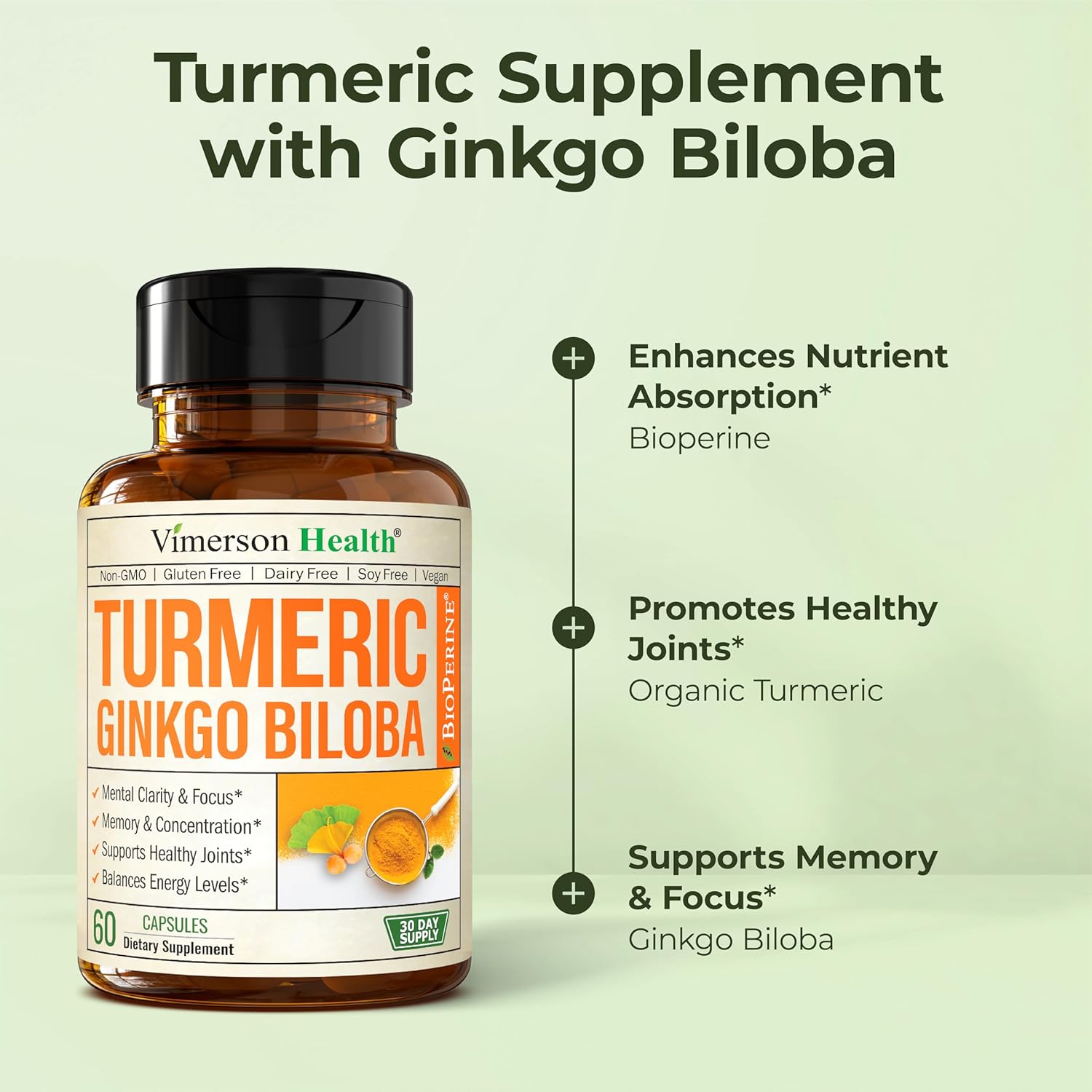 Turmeric Curcumin Supplement with Ginkgo Biloba & Black Pepper – Natural Turmeric Supplement with Organic Tumeric for Joint Support, Brain Clarity, Focus & Memory – Vegan, 60 Ginko Biloba Capsules