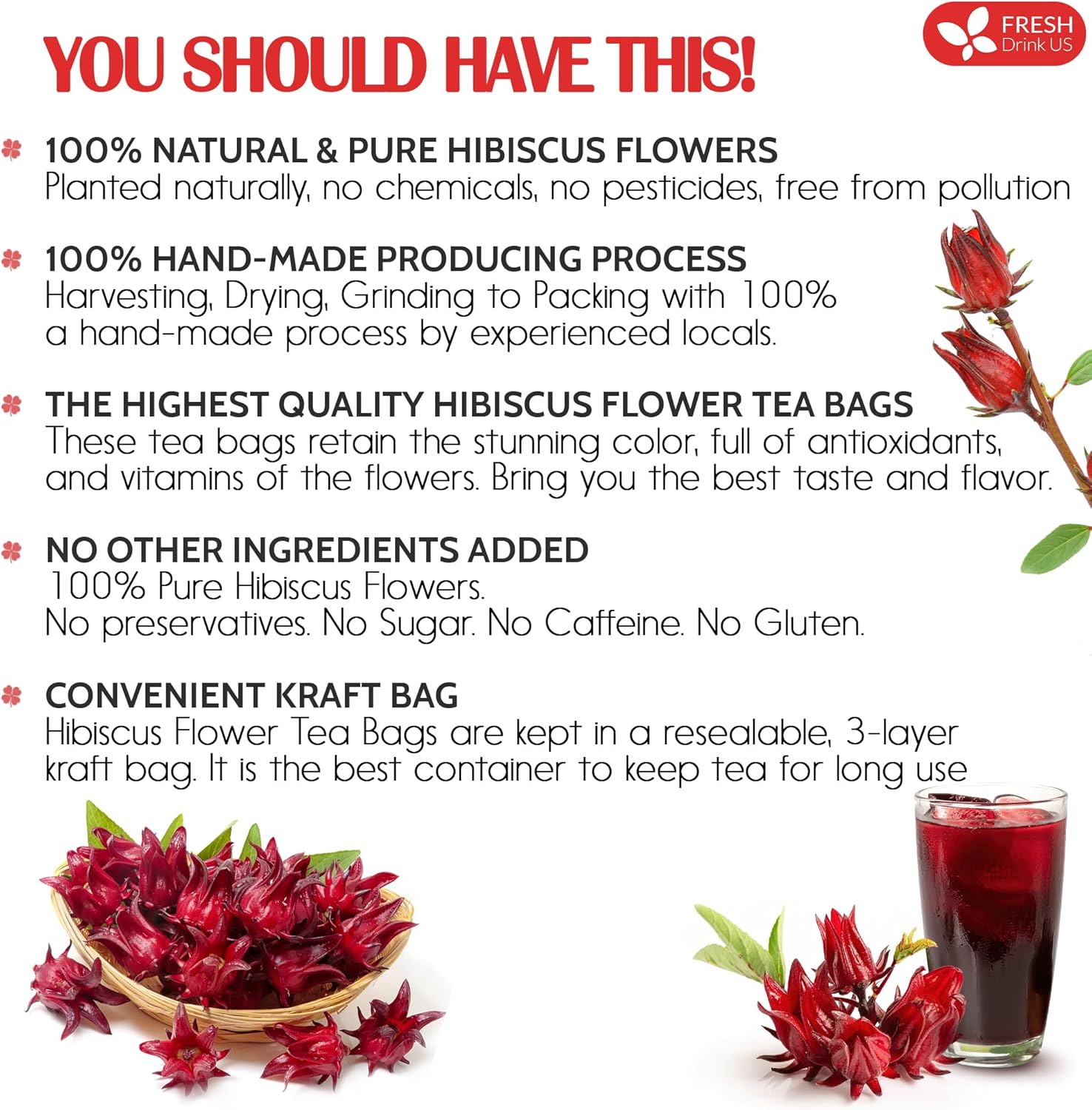 FRESHDRINKUS, Premium 30 Hibiscus Flowers Tea Bags, 100% Natural & Pure from Hibiscus Flowers. Loose Flower Hibiscus Herbal Tea. No Sugar, No Caffeine, No Gluten, Vegan.