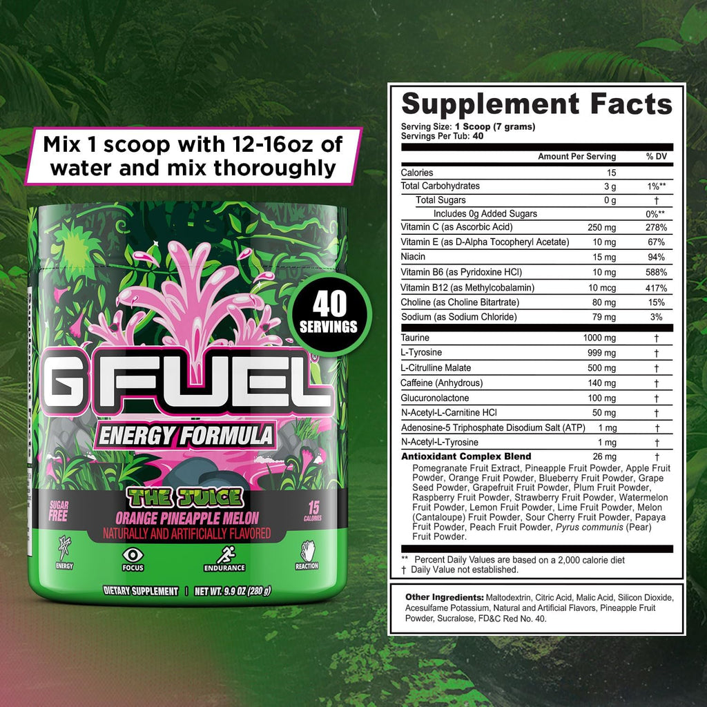 G Fuel The Juice Energy Drink Powder, Pre Workout Caffeine Mix for Gaming, Sugar Free Focus Amino, Vitamin + Antioxidants, 9.9oz (Pineapple & Melon Punch, 40 Servings)