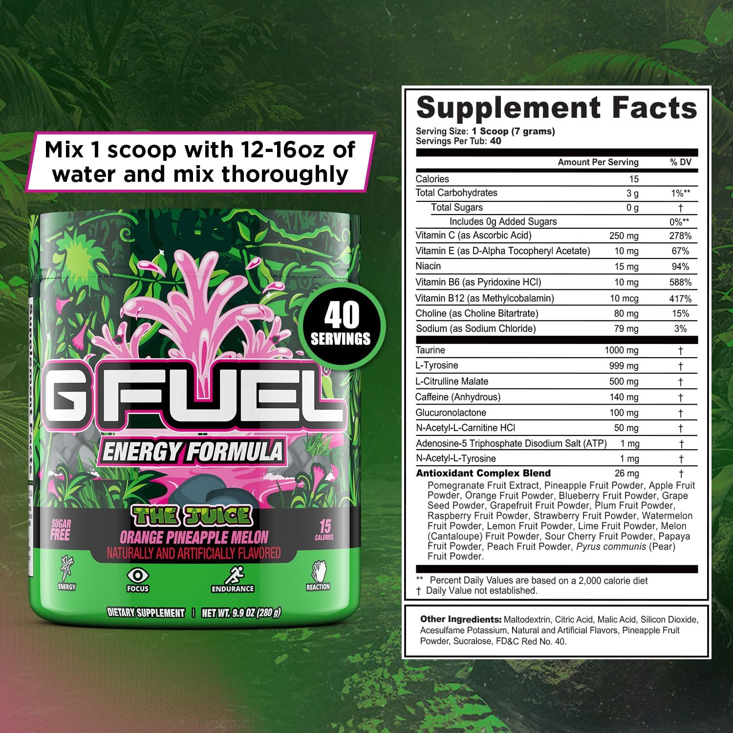 G Fuel The Juice Energy Drink Powder, Pre Workout Caffeine Mix for Gaming, Sugar Free Focus Amino, Vitamin + Antioxidants, 9.9oz (Pineapple & Melon Punch, 40 Servings)