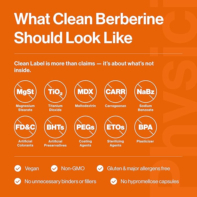 Clean Label Berberine, Ultra High Strength Berberine Supplement 100x More Concentrated | 98% Berberine HCl, Highest Purity in US | 500mg Capsules | Triple Tested | Made in USA, cGMP Certified