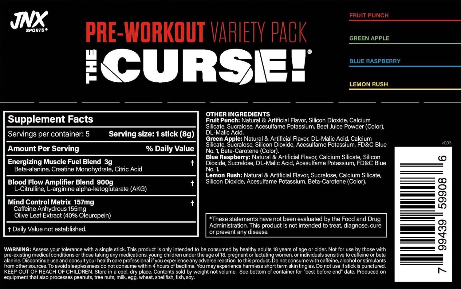 JNX SPORTS The Curse! Pre Workout Powder for Men & Women, Caffeine, Beta-Alanine, Creatine, L-Citrulline, Sample Variety Pack, 5X 8g Samples – Boost Energy, Strength & Focus