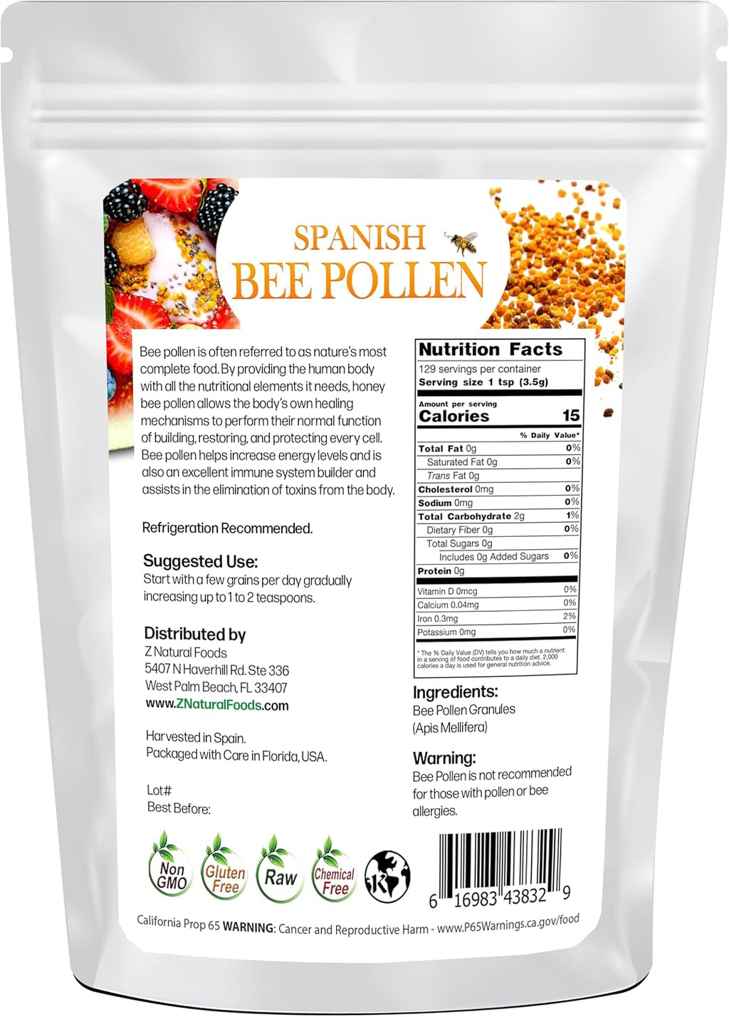 Z Natural Foods Spanish Bee Pollen Granules - Pure & Raw Pollen Granule, Product of Spain - Nutrient-Dense for Energy & Immune Support - Aromatic Sweet Flavor, Sprinkle on Salads & Smoothies, 1lb