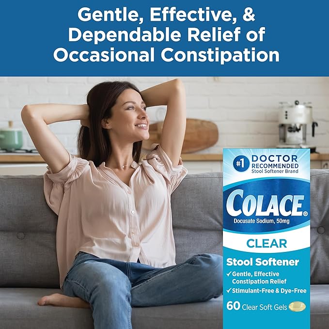 Colace Clear Stool Softener for Gentle Effective Constipation Relief, #1 Doctor Recommended Stool Softener Brand, Dye Free, 50 mg Docusate Capsules, 60 Count