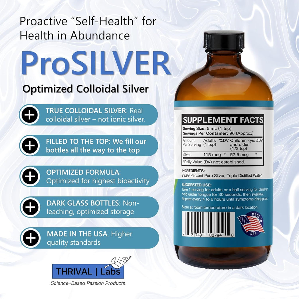 ProSILVER Blue Label 20 PPM True Colloidal Silver Liquid (16oz), Optimized Bio-Active Nano-Sized Liquid Silver for Immune Support, Dark Glass Bottle - Thrival Labs (Plata coloidal)