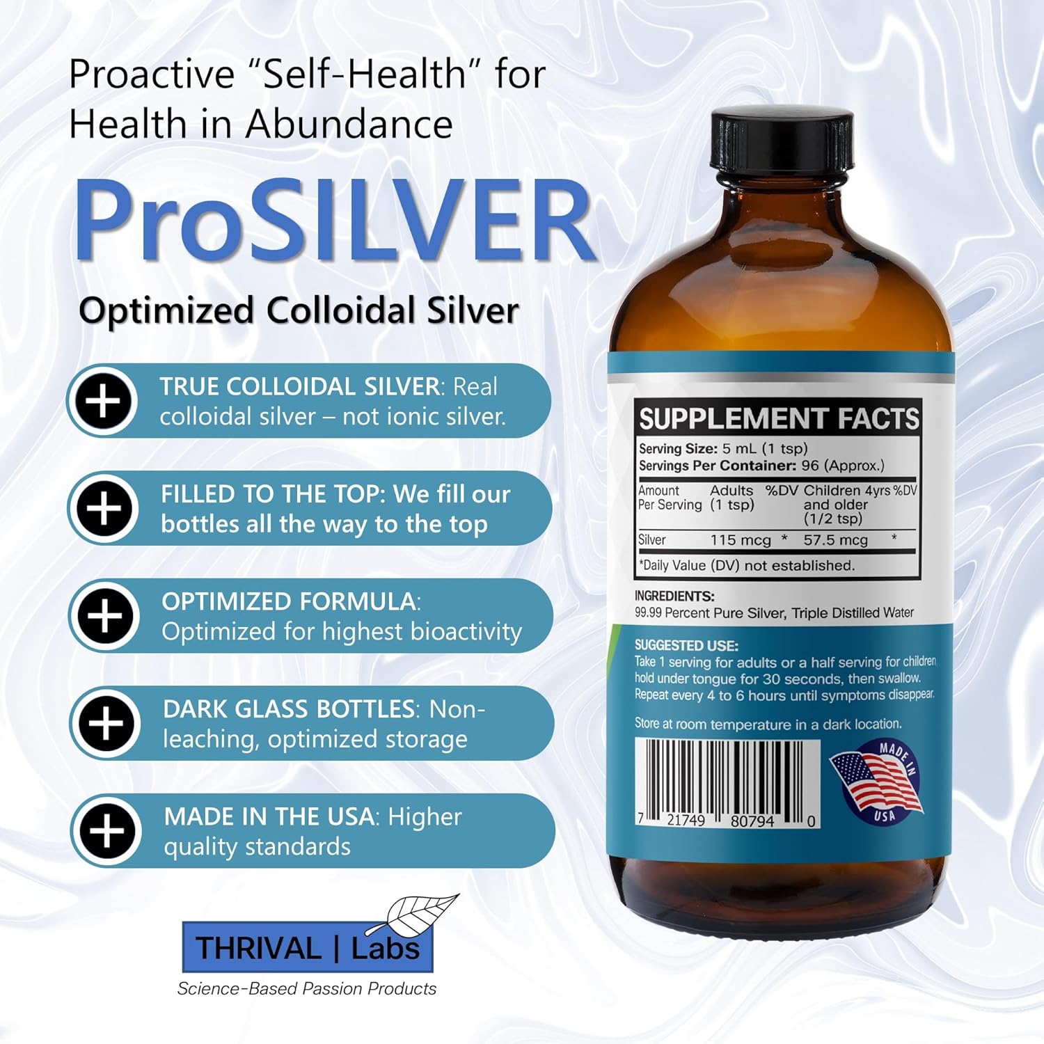 ProSILVER Blue Label 20 PPM True Colloidal Silver Liquid (16oz), Optimized Bio-Active Nano-Sized Liquid Silver for Immune Support, Dark Glass Bottle - Thrival Labs (Plata coloidal)