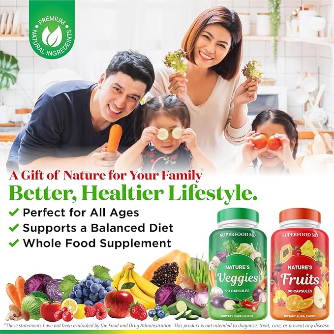Superfood 180 Fruit and 180 Veggie Capsules - Whole Food Natural Superfoods - Maintain Energy Levels, with Beta Carotene - Soy Free (90 Count (Pack of 4)