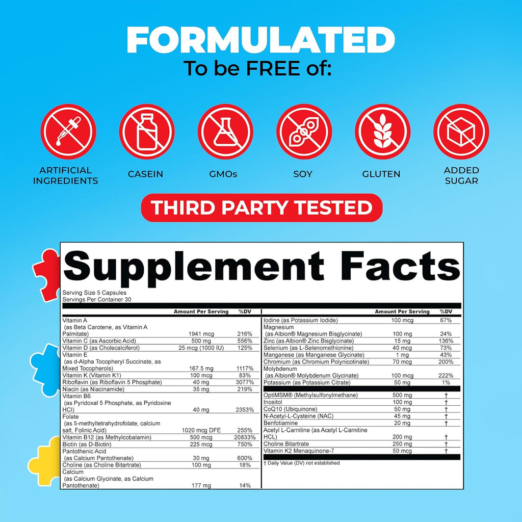 Children's Multivitamin Supplement - Acetyl-l-carnitine, Choline, Coenzyme Q10, Inositol, MSM, MTHF, NAC for Daily Nutritional Help and Cognitive Health (150 Capsules)