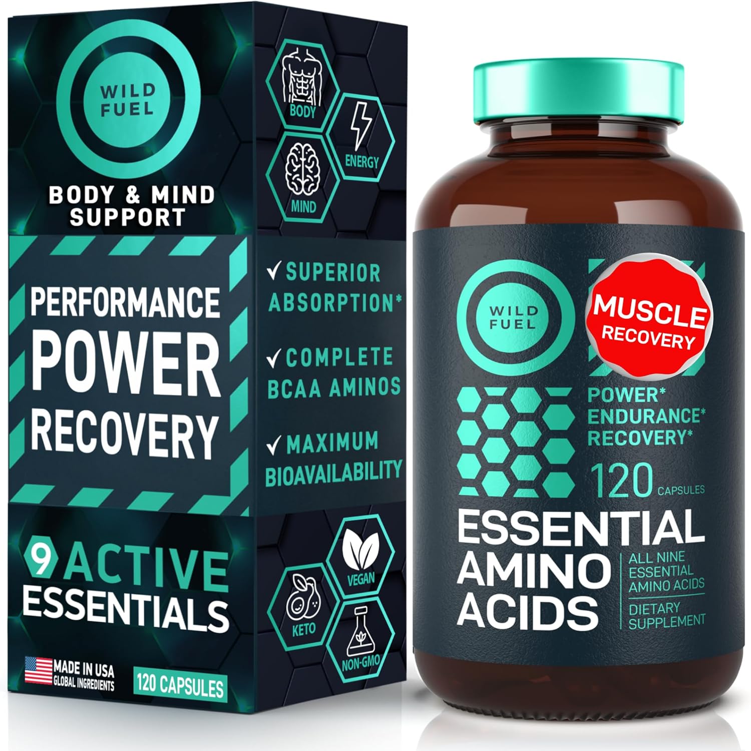 Essential Amino Acids Supplement – 3,000mg Leucine, Lysine, Isoleucine, Tryptophan Complete Complex - All 9 Best Amino Acids for Muscle Growth, Power, Recovery - 120 Vegan, Keto-Friendly BCAA Capsules