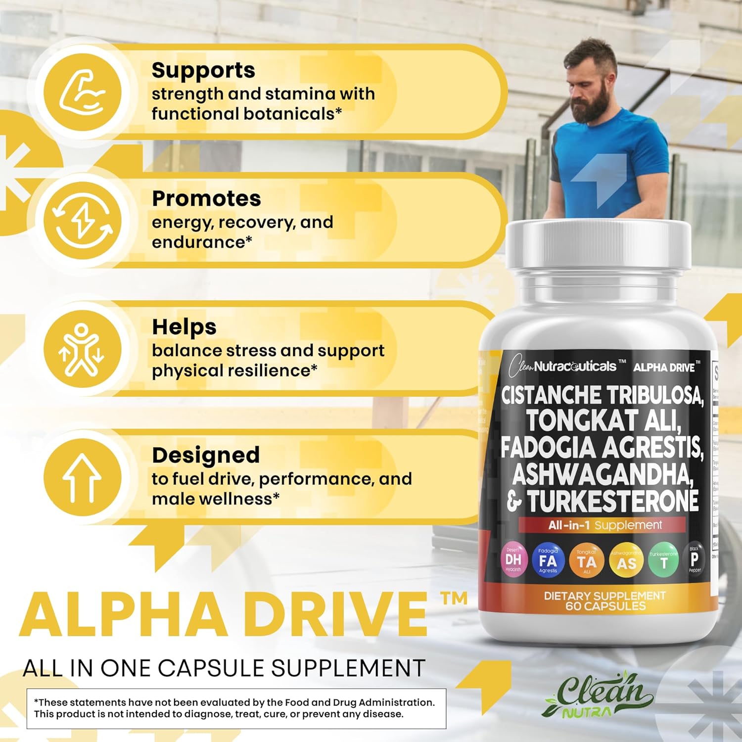 Clean Nutra Cistanche Tribulosa Fadogia Agrestis Tongkat Ali Turkesterone Pills Ashwagandha Capsules Supplement for Men - 60 Count