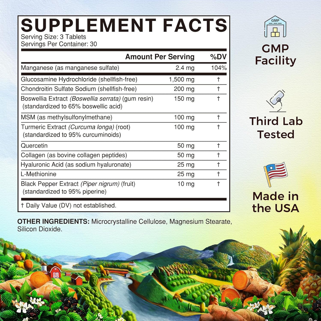 Vitalitown Glucosamine Chondroitin MSM | Collagen, Boswellia, Turmeric, Hyaluronic Acid, Bromelain | Triple Action+ Formula | 12 Move-Freely Ingredients | 90 Tablets, No Shellfish