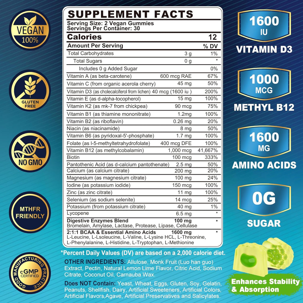 2 Pack Methylated Multivitamin for Men Gummies, BCAA Amino Acids, Zinc, Biotin, Vitamin A C E D3 K2 B Complex Calcium, Magnesium, Lycopene, Digestive Enzymes - Energy Muscle Immune - Sugar Free, Vegan