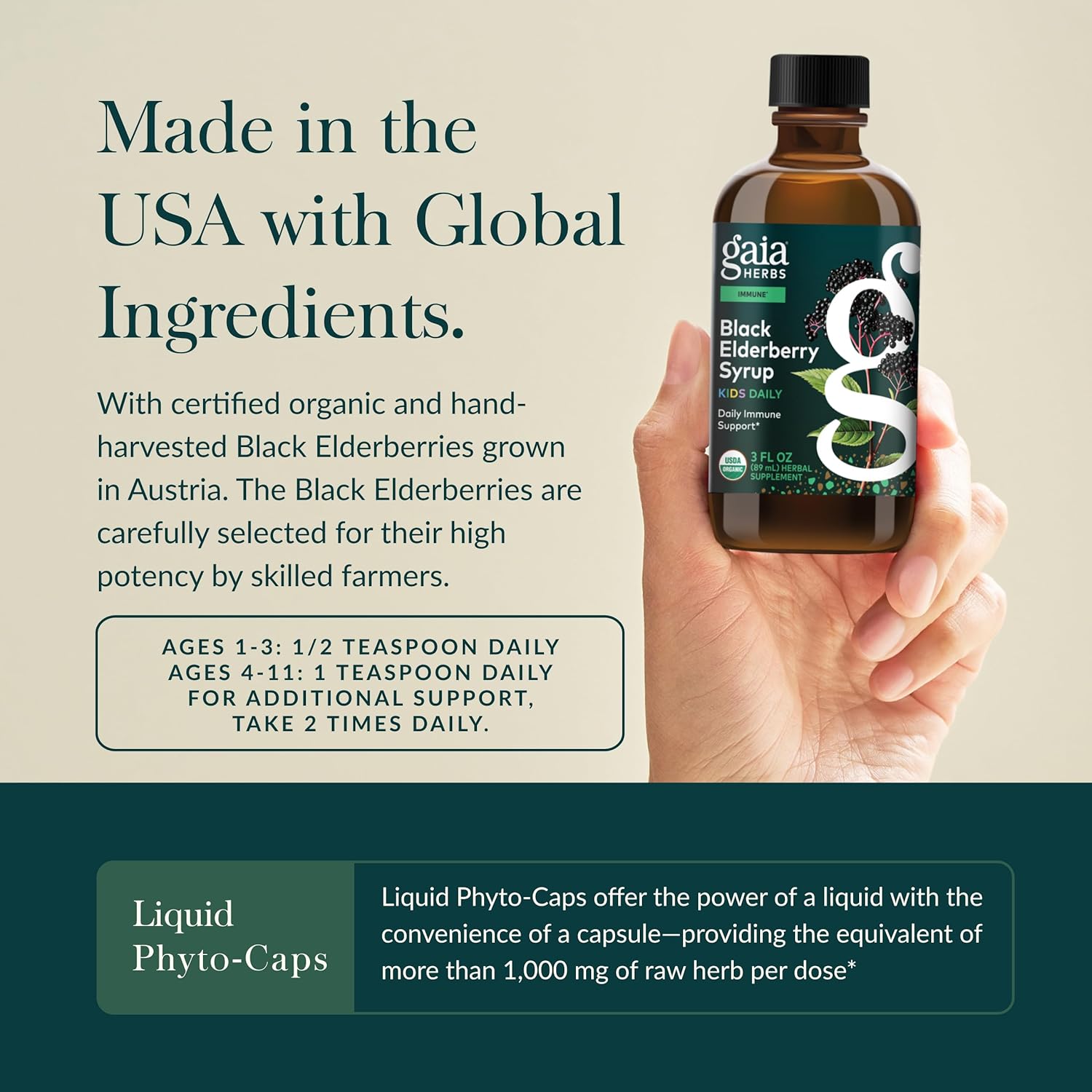 Gaia Herbs GaiaKids Black Elderberry Syrup - Delicious Immune Support Supplement for Kids - with Organic Black Elderberries and Honey - USDA Certified - 3 Fl Oz