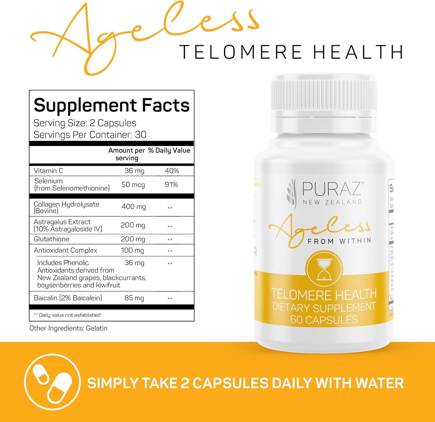 Telomere Supplements w/Potent Astragalus Root Extract and Collagen | Superior Immune Support, Anti-Aging, DNA Repair | Pure Telomerase Enzyme for Telomere Lengthening and Support | 60 Capsules