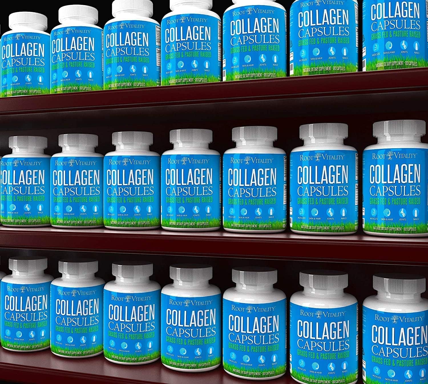 Root Vitality Collagen Peptides Capsules - Grass-Fed, Pasture-Raised Hydrolyzed Protein Supplement for Skin, Hair, & Nails - Non-GMO, Zero Sugar Daily Pills for Men & Women (180 Capsules)