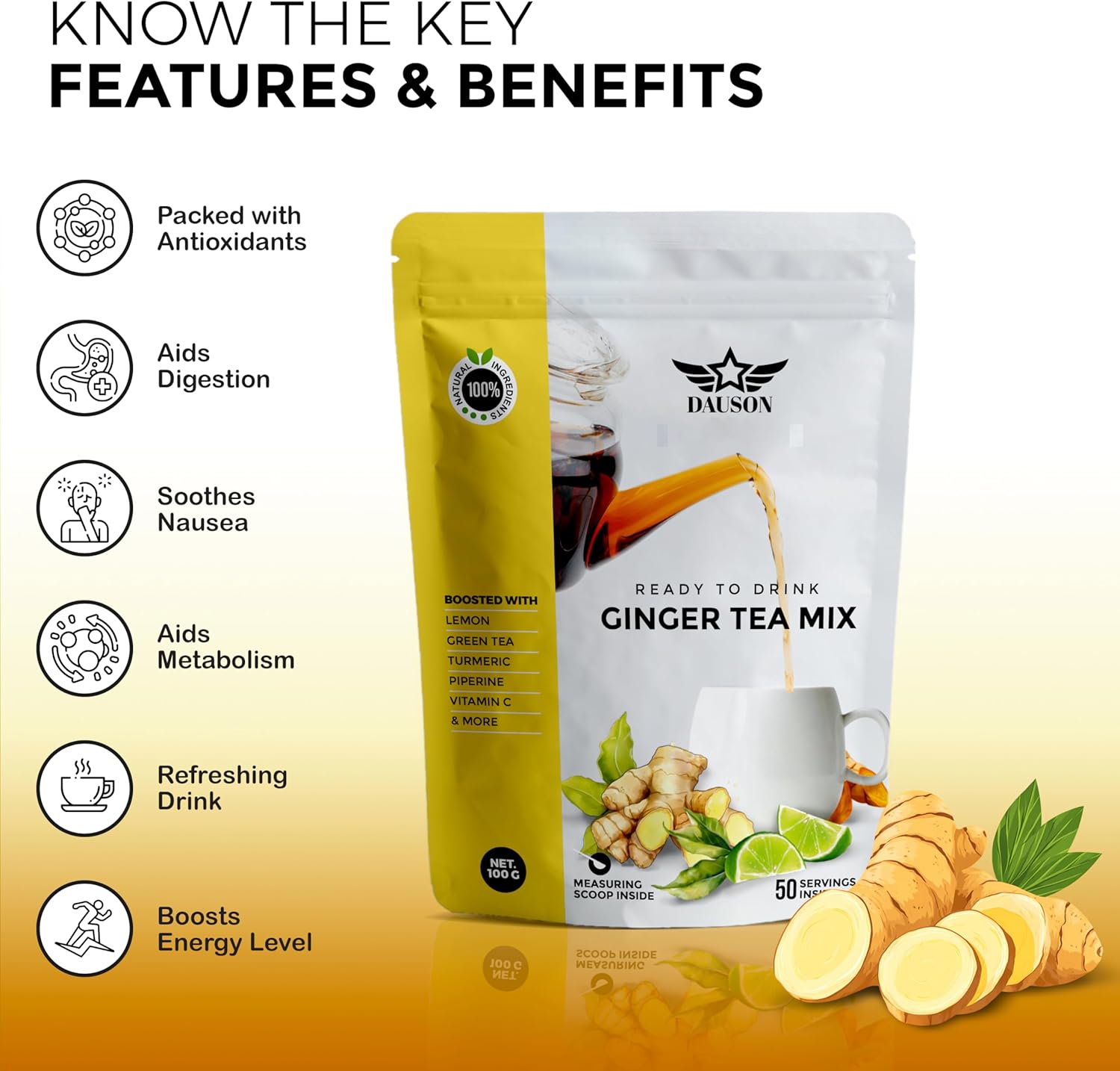 Ginger Turmeric Herbal Tea Mix – 50 Servings - Refreshing Blend of Lemon, Licorice, Decaf Green Tea, Vitamin C – Caffeine-Free, Vegan, Gut-Friendly Detox Tea - Powder