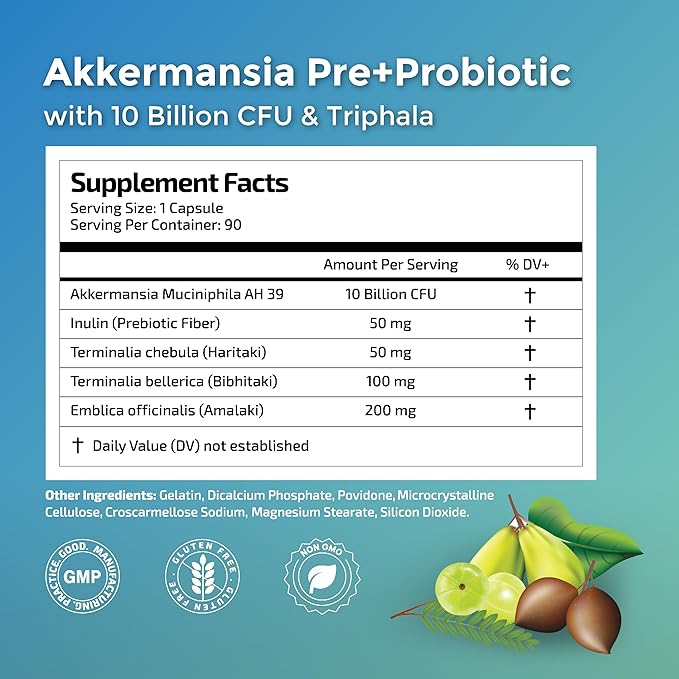 Akkermansia Probiotic 10 Billion CFU - Advanced GLP-1 Support, Probiotic+Prebiotic | for Gut & Metabolism Support - No Bloating | with Inulin & Triphala | (90 Capsules - 3 Month Supply)