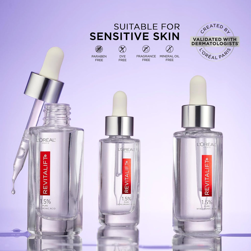 L'Oreal Paris Revitalift 1.5% Pure Hyaluronic Acid Serum for Face, Anti Aging Serum to Hydrate Skin & Reduce Wrinkles, Fragrance Free Skin Care for All Skin Types, 1 Oz