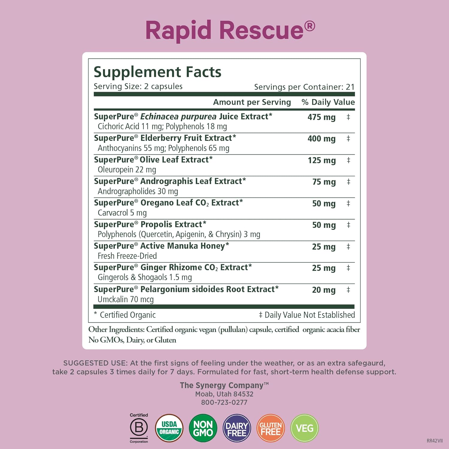 PURE SYNERGY Rapid Rescue | Organic Immune Support Capsules | Herbal Supplement with Echinacea, Elderberry, and Olive Leaf Extracts | for Immediate Immune Support (42 Capsules)