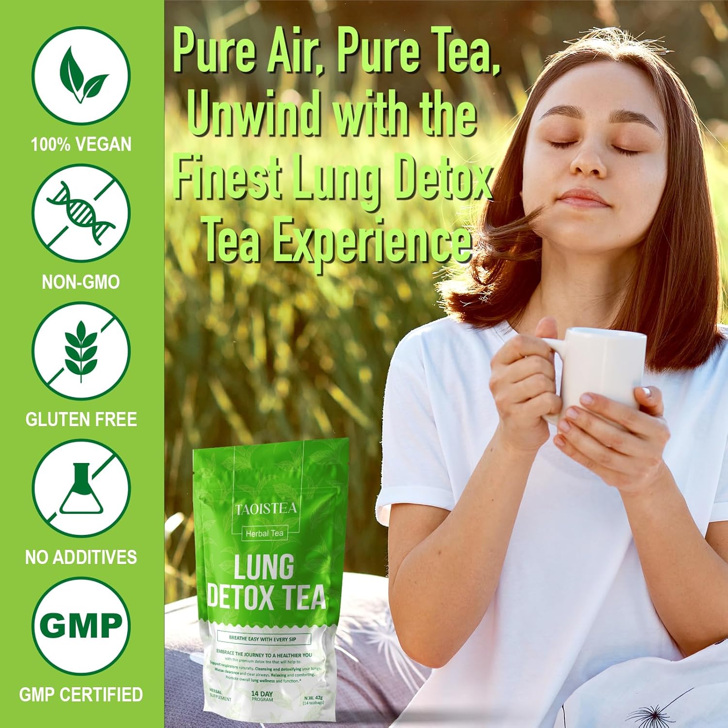 Lung Detox Tea - Mullein Tea Bags for Lungs Cleanse and Respiratory Health with Mullein Leaf, Lungwort, Eucalyptus, Thyme, Liquorice, Spearmint - 14 Tea Bags Natrual Herbal Tea, Caffeine Free