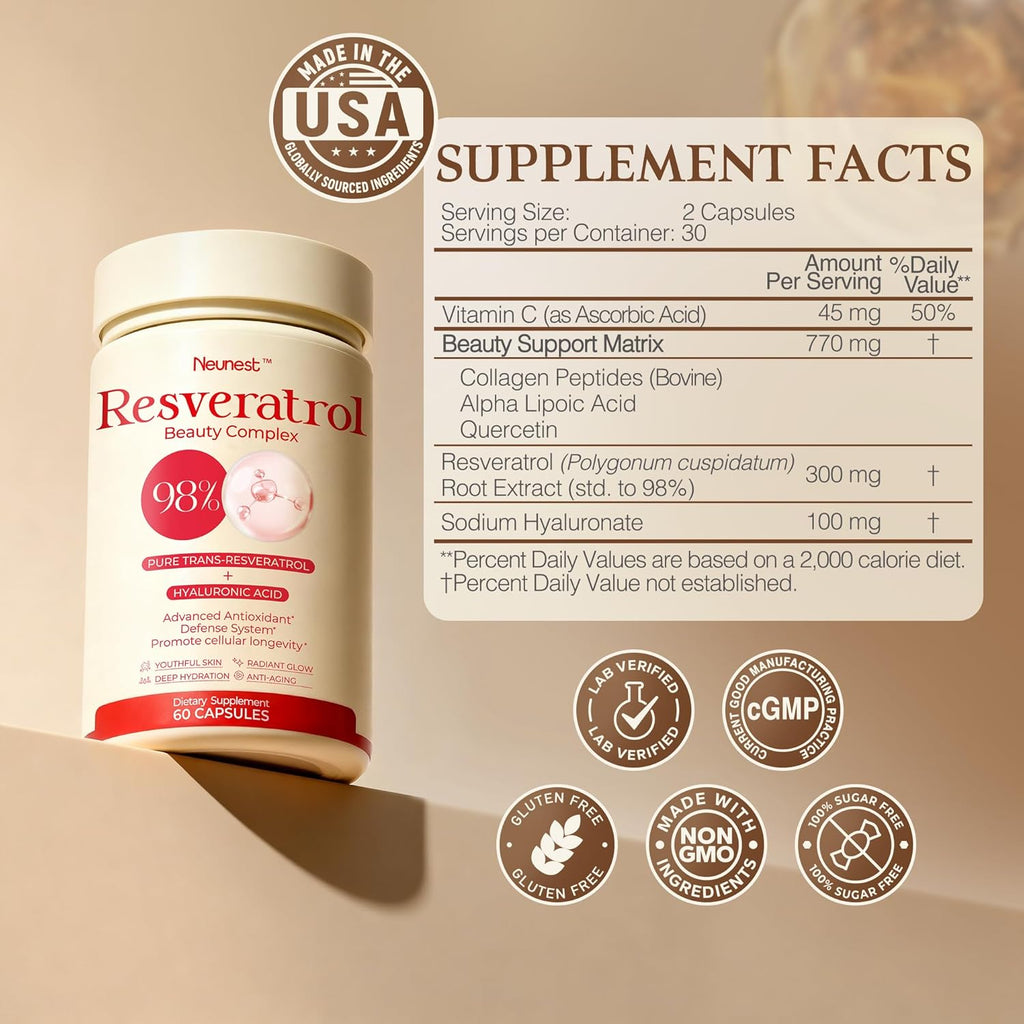 Trans-Resveratrol Supplement 98% High Purity Complex with Collagen Peptides & Hyaluronic Acid,Quercetin,Antioxidant Support for Skin & Beauty,Immune Healthy,Gluten-Free,60 Capsules