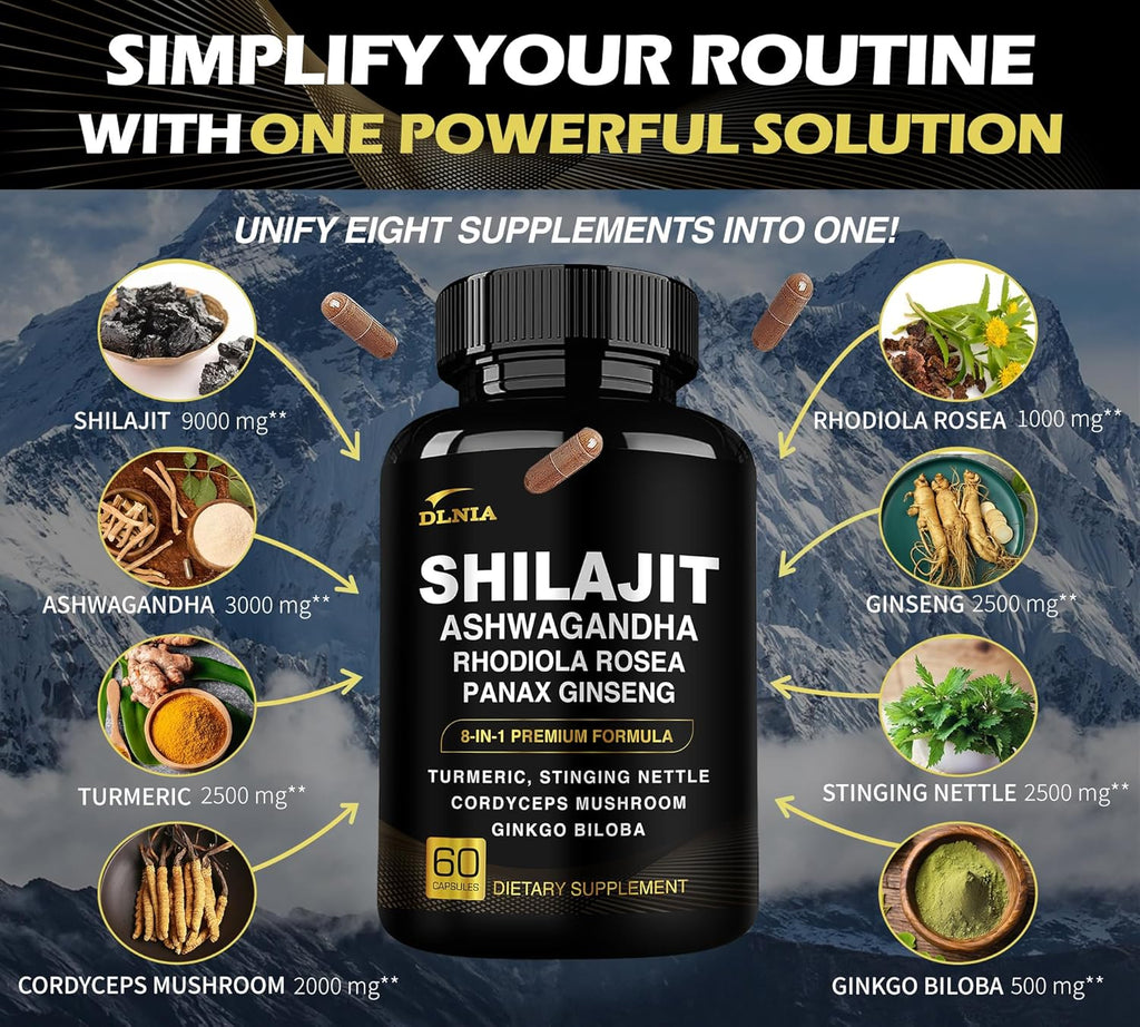 8-in-1 Shilajit for Men & Women with Ashwaganda Himalayan Organic Supplement with Rhodiola Rosea, Ginseng, Turmeric, Mushroom, for Immune Support, Energy, Calm, Focus, Clarity, Sleep, Cortisol