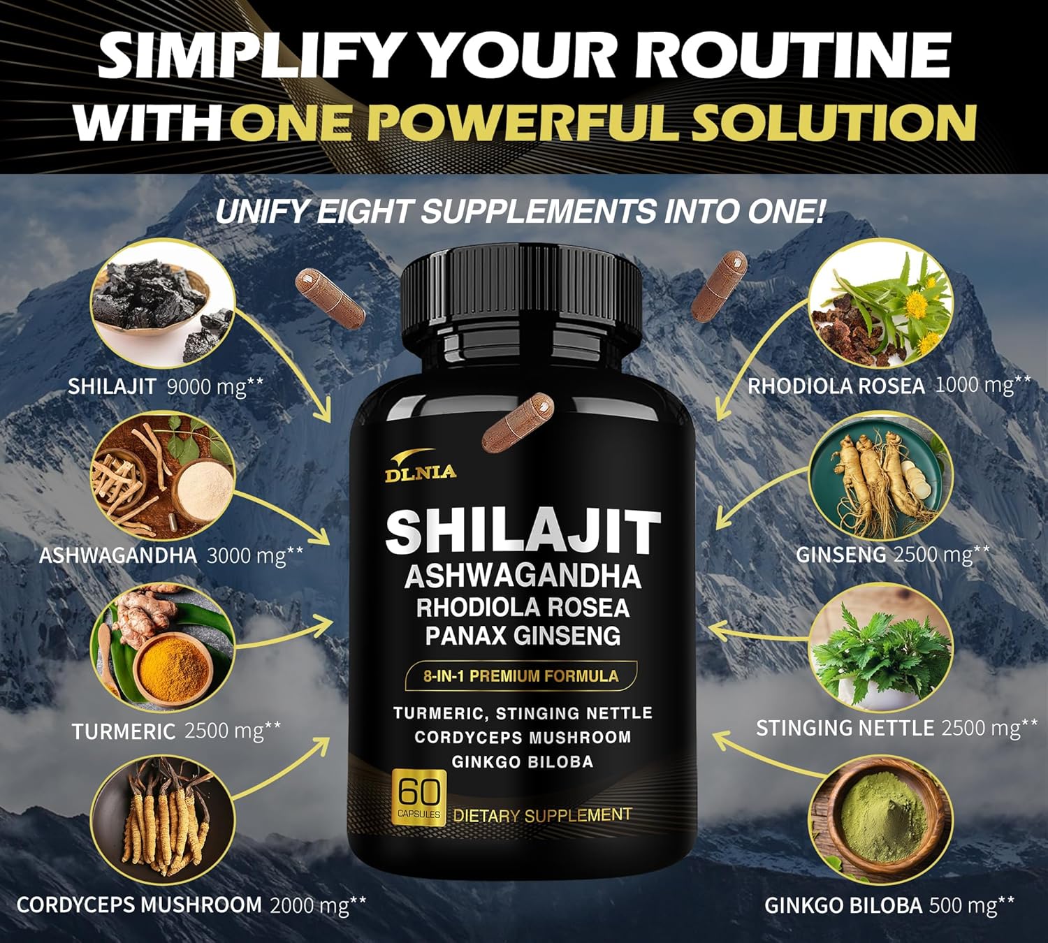 8-in-1 Shilajit for Men & Women with Ashwaganda Himalayan Organic Supplement with Rhodiola Rosea, Ginseng, Turmeric, Mushroom, for Immune Support, Energy, Calm, Focus, Clarity, Sleep, Cortisol