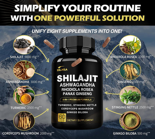 8-in-1 Shilajit for Men & Women with Ashwaganda Himalayan Organic Supplement with Rhodiola Rosea, Ginseng, Turmeric, Mushroom, for Immune Support, Energy, Calm, Focus, Clarity, Sleep, Cortisol