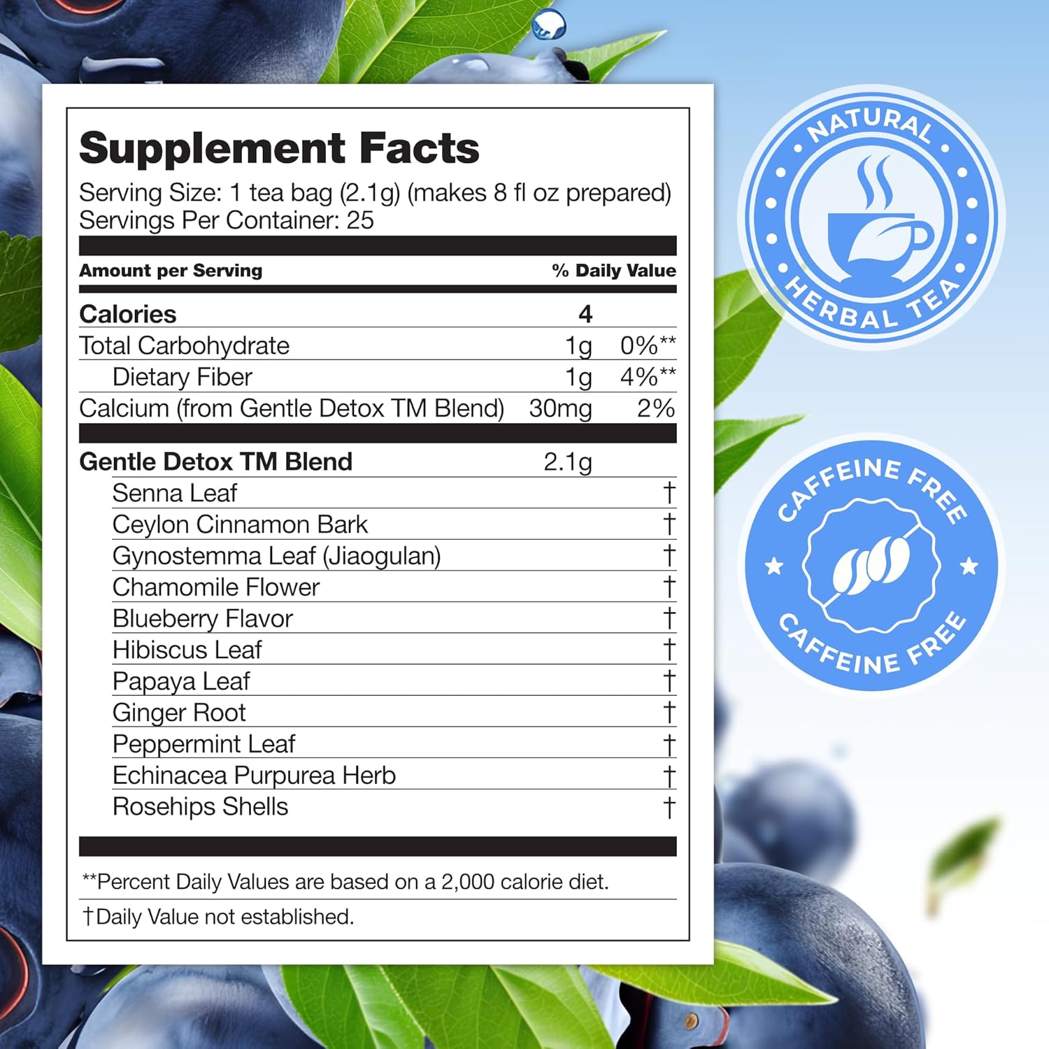 Total Tea SIimming Detox Tea Caffeine Free - 25 Day Detox - Herbal Tea with Chamomile, Hibiscus Tea & Ginger Root for Colon Cleanse – Natural Bluebberry Fruit Tea