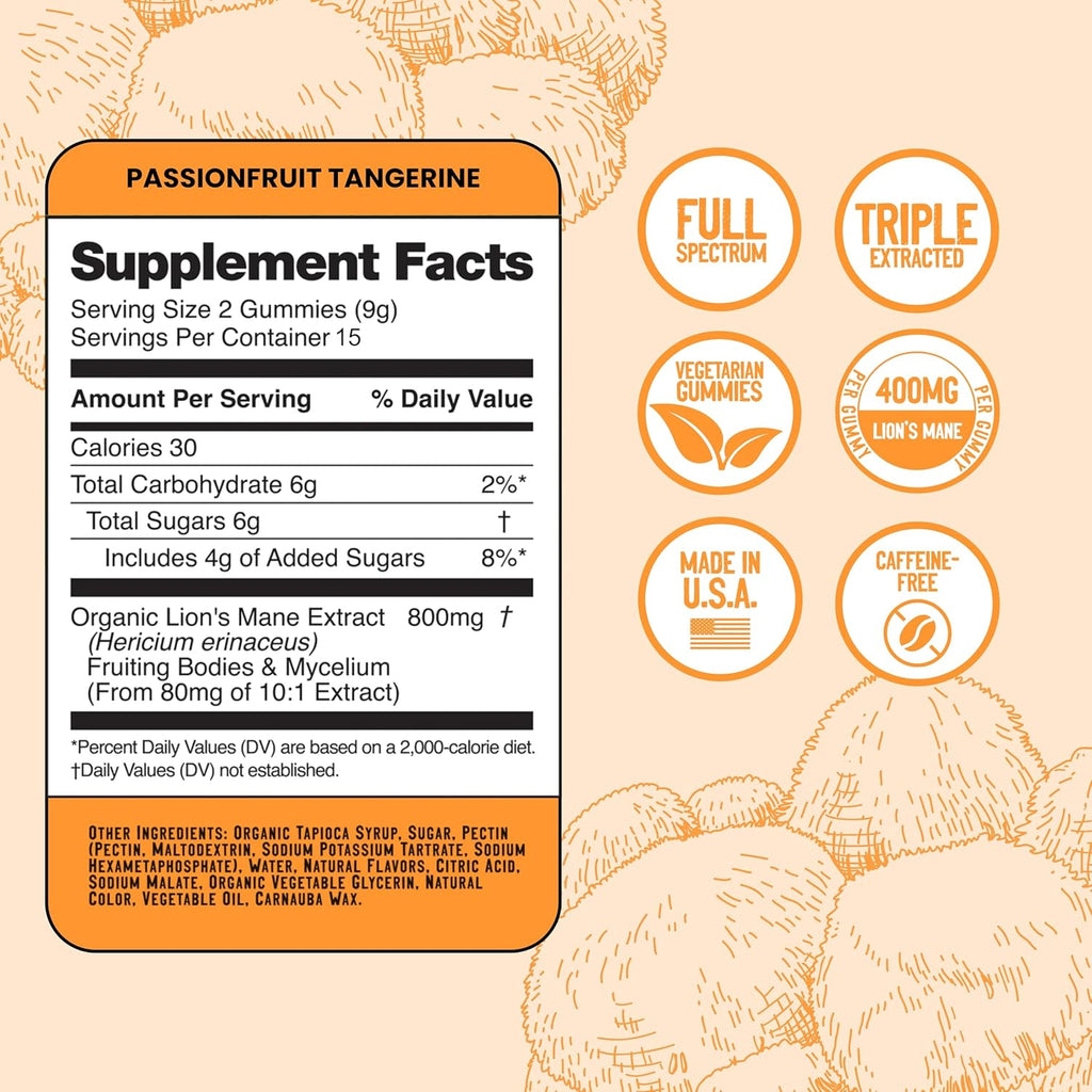 Troomy Lion's Mane Focus Gummies 30 Count - Natural Tangerine and Passionfruit Flavor, Gelatin-Free, Gluten-Free, Vegetarian