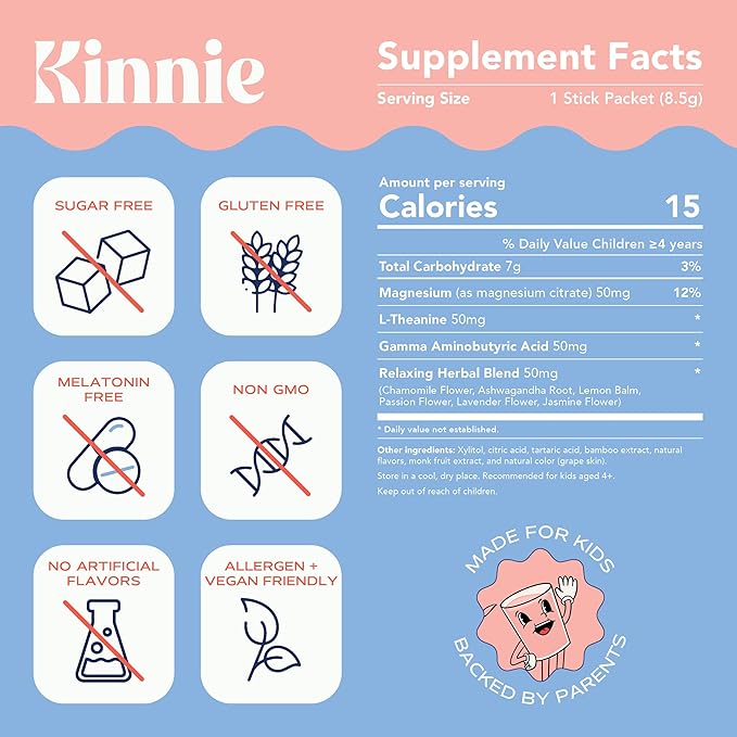 Calming Sugar Free Vitamin Mix for Kids - Grape Flavor, Melatonin Free - Herbal/Magnesium Supplement for Bedtime, Focus & Travel (30 Sticks)