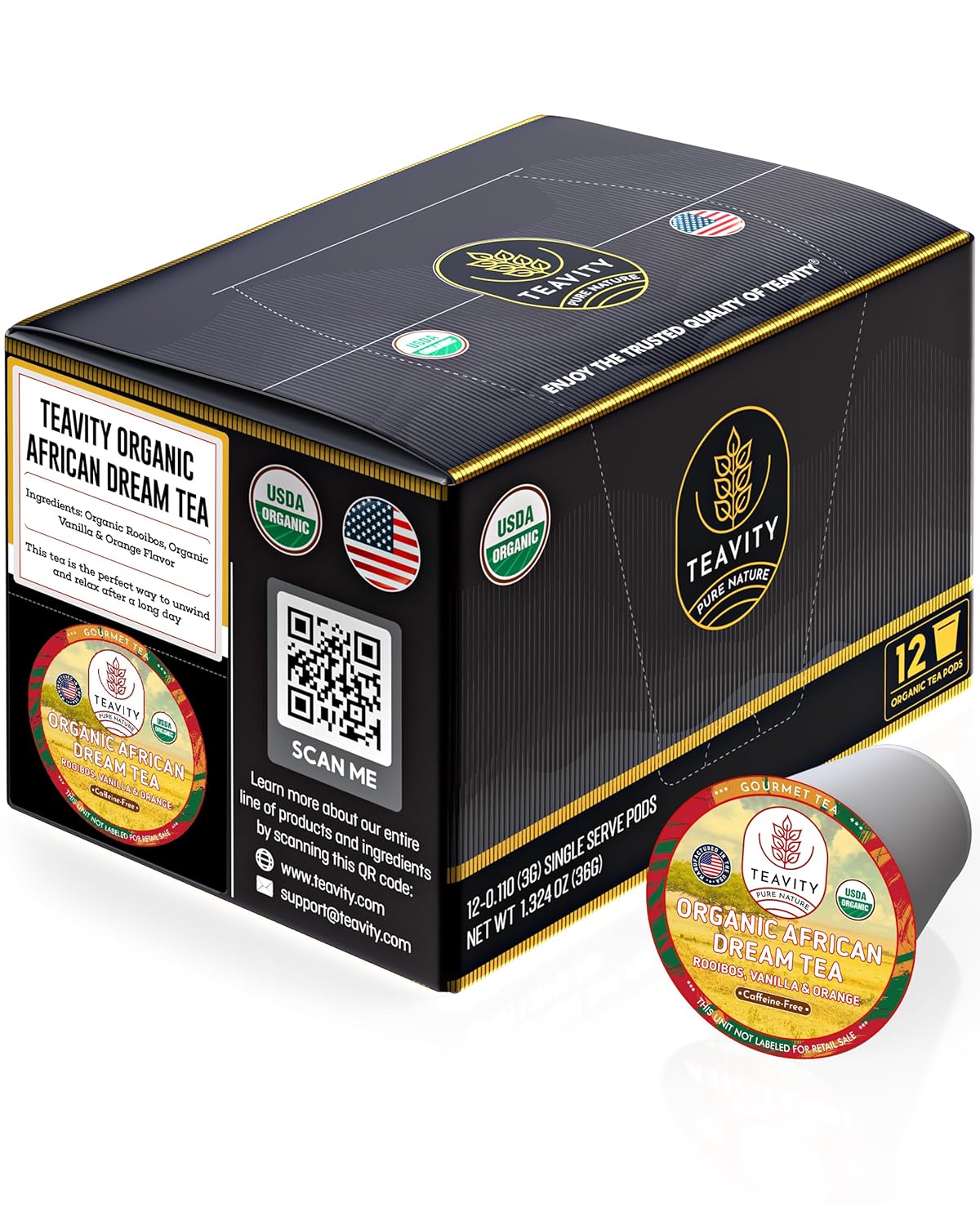 Organic Rooibos Tea Pods with Vanilla & Orange - Naturally Decaf Tea - African Dream by Teavity (12 Tea Pods)