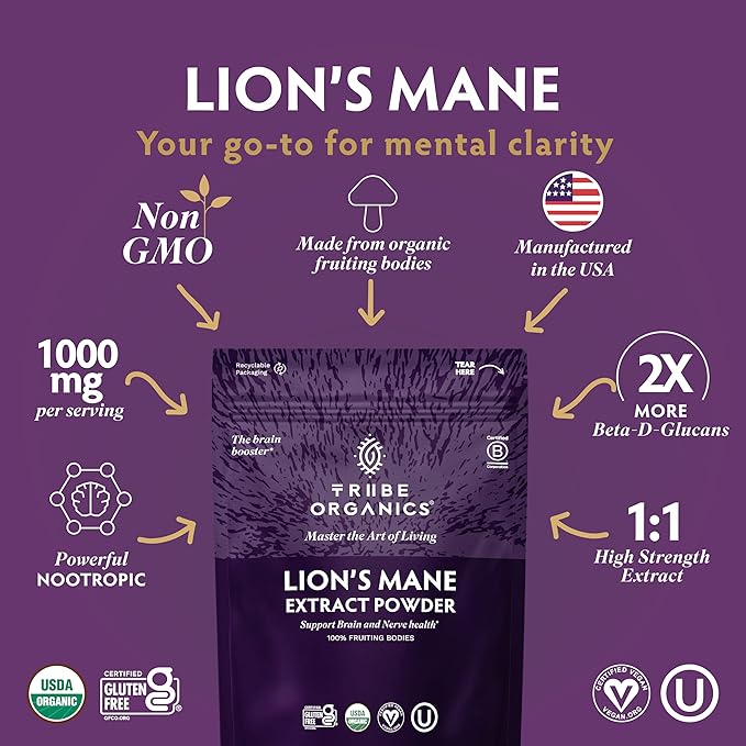TRIBE ORGANICS Lion’s Mane Powder - Organic Mushroom Extract Powder - Immune System Booster & Brain Nootropic for Focus and Memory - Natural Energy and Immunity - 100g Pouch - 100 Servings