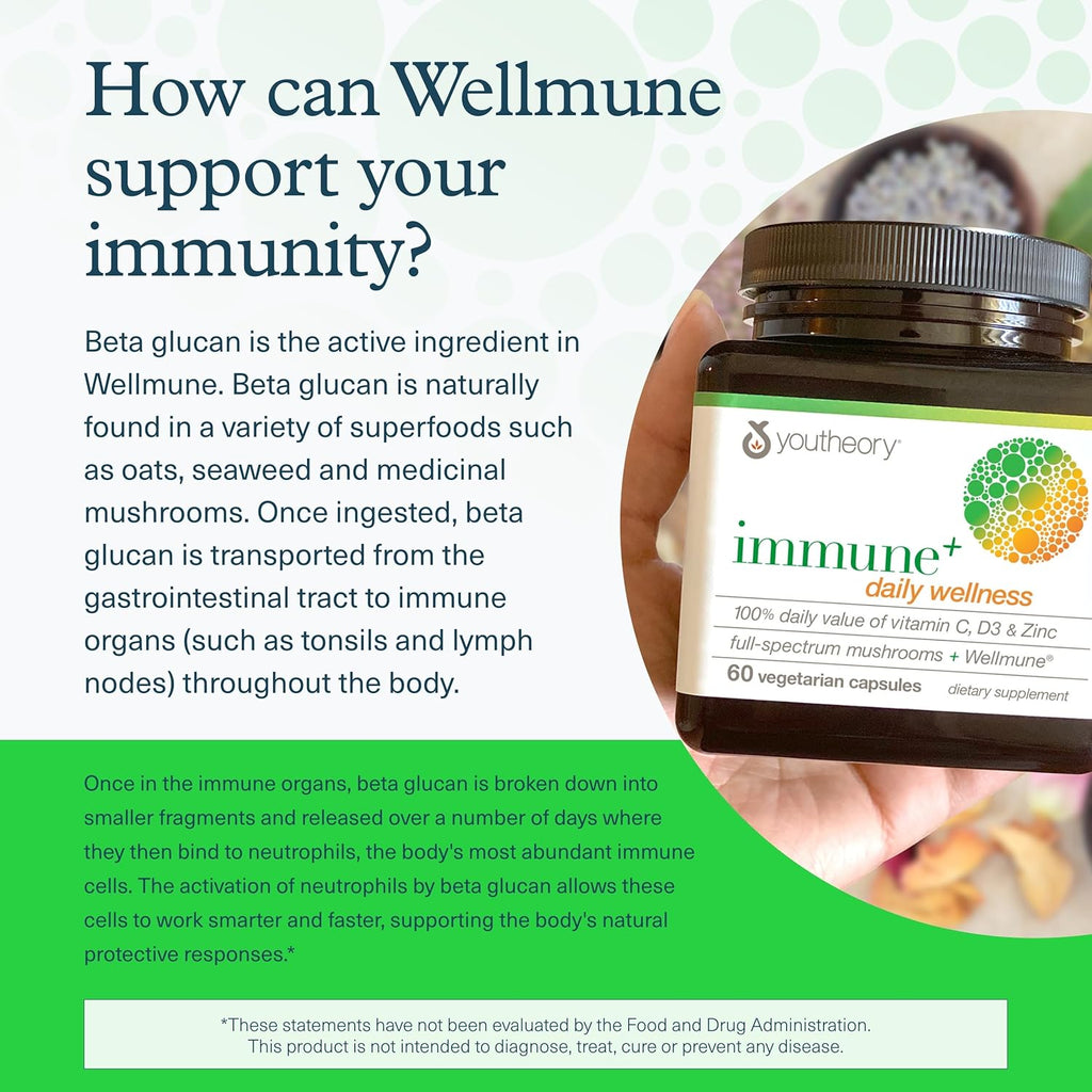 Youtheory Immune+ Daily Wellness - Vegetarian Immune Support Supplement with Vitamin C, Vitamin D3 & Zinc* - Mushroom Supplement with Turkey Tail, Cordyceps & Reishi - 60 Vegetarian Caps