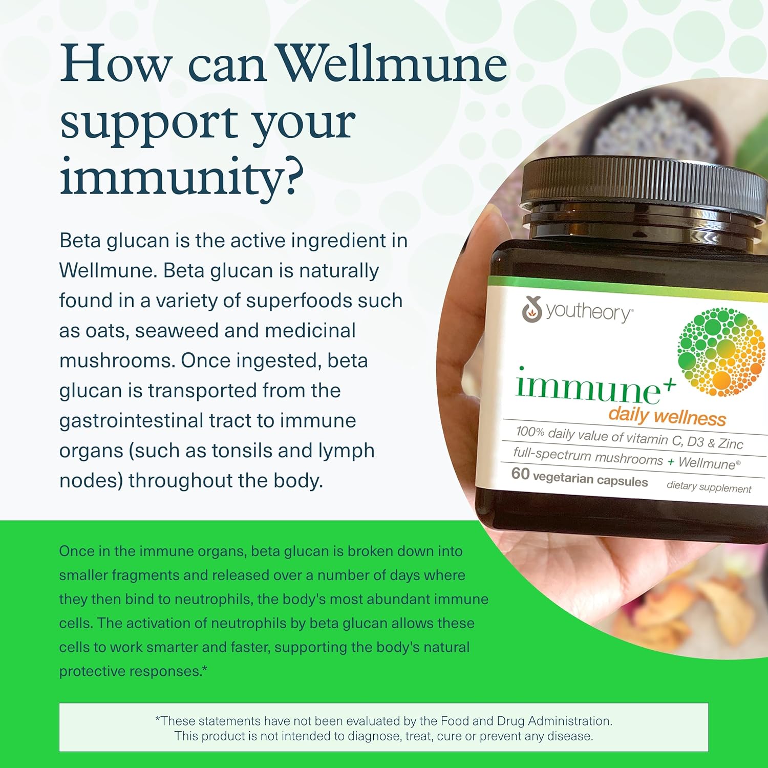 Youtheory Immune+ Daily Wellness - Vegetarian Immune Support Supplement with Vitamin C, Vitamin D3 & Zinc* - Mushroom Supplement with Turkey Tail, Cordyceps & Reishi - 60 Vegetarian Caps