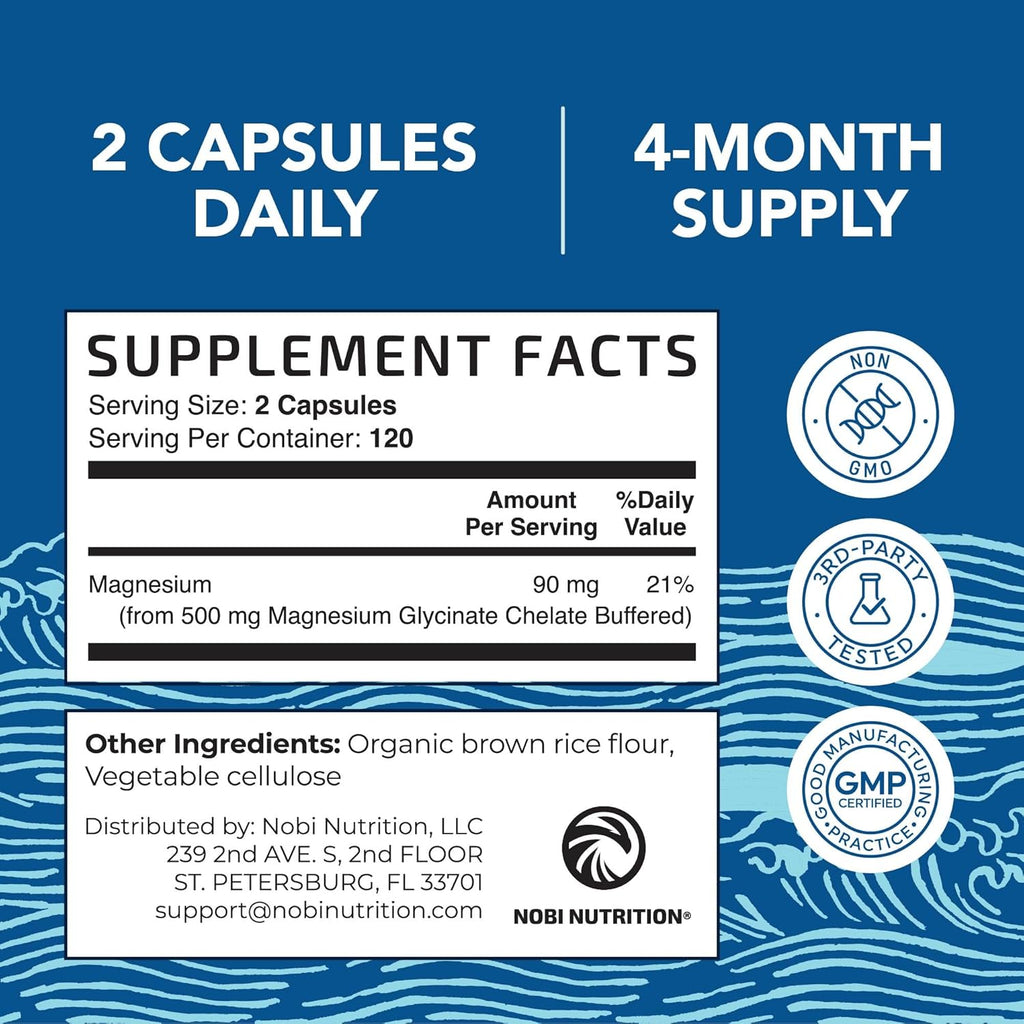 Magnesium Glycinate 500mg | Chelated for High Absorption | Muscle Relaxation, Bones, Heart, Nerve, Sleep & Calm Support for Women & Men | Magnesium Chelate Supplement & Bisglycinate Complex | 240ct
