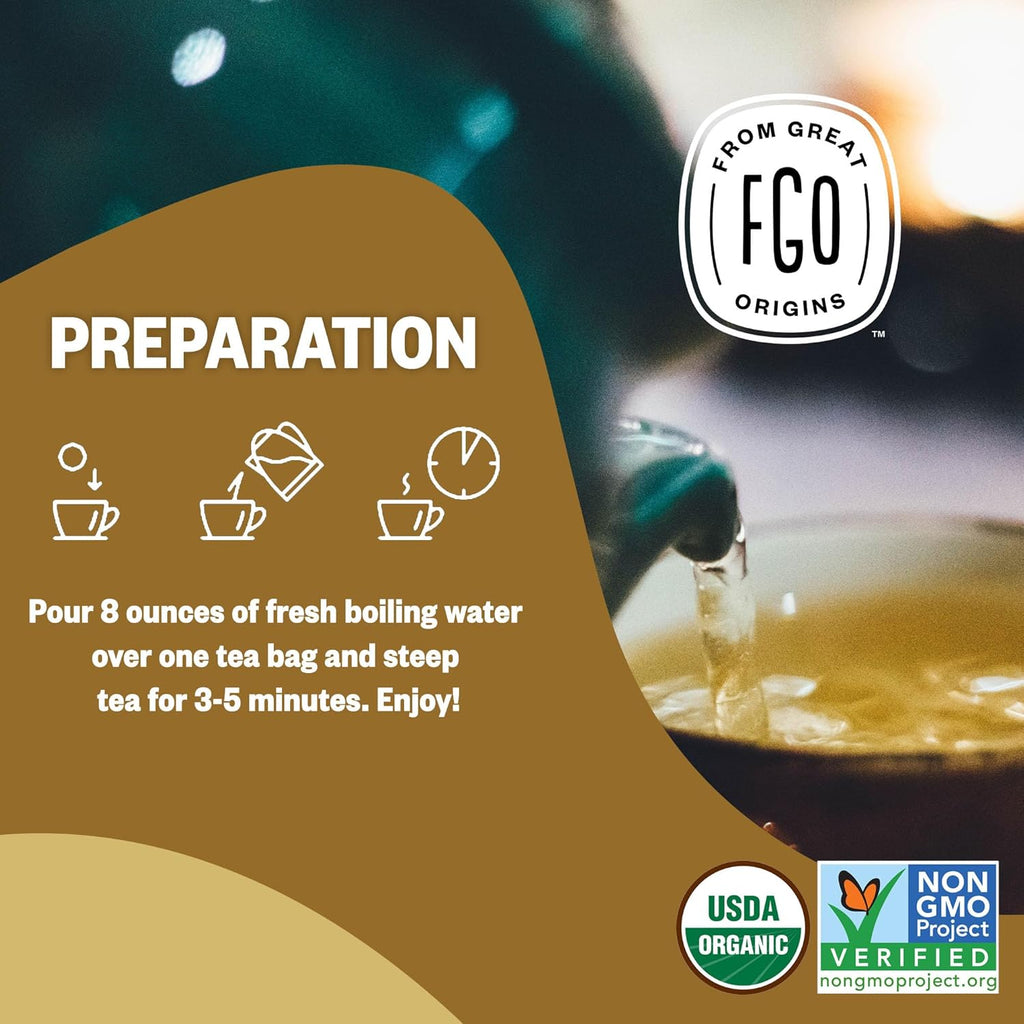 FGO Organic Chamomile Tea, 100 Eco-Conscious Tea Bags, Caffeine Free, Resealable Bag, Packaging May Vary (Pack of 1)