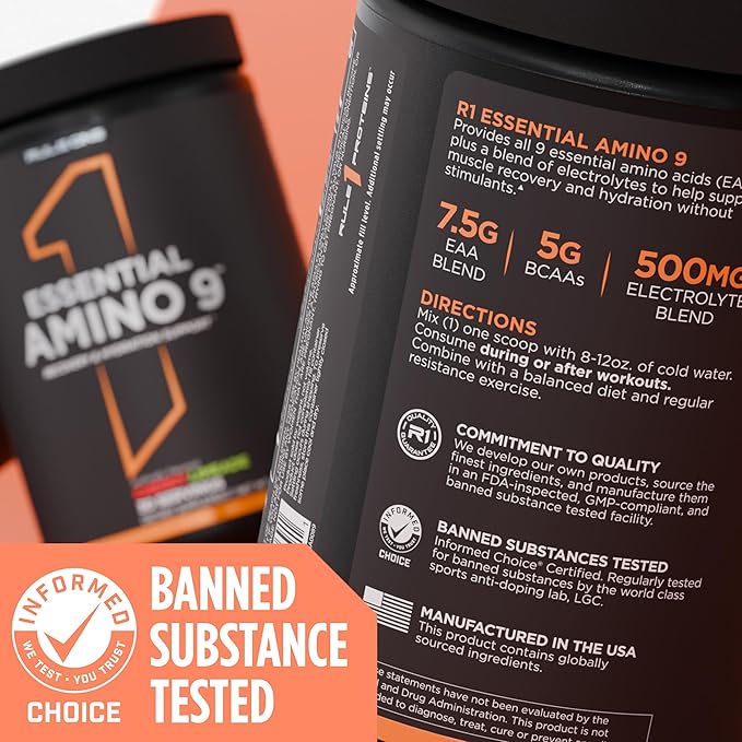 Rule 1 Essential Amino 9 – Recovery & Hydration Support with 7.5g of Essential Amino Acids + Electrolytes (30 Servings, Blue Razz Lemonade)