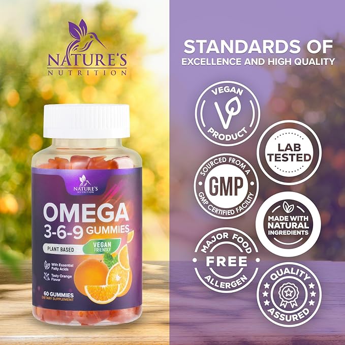 Omega 3 6 9 Gummies - Vegan Omega 3 Supplement Gummy - Essential Fatty Acids Oil 369 Complex Heart Support & Brain Support for Women, Men & Pregnancy, Fish Free Non-GMO, Orange Flavored - 60 Gummies