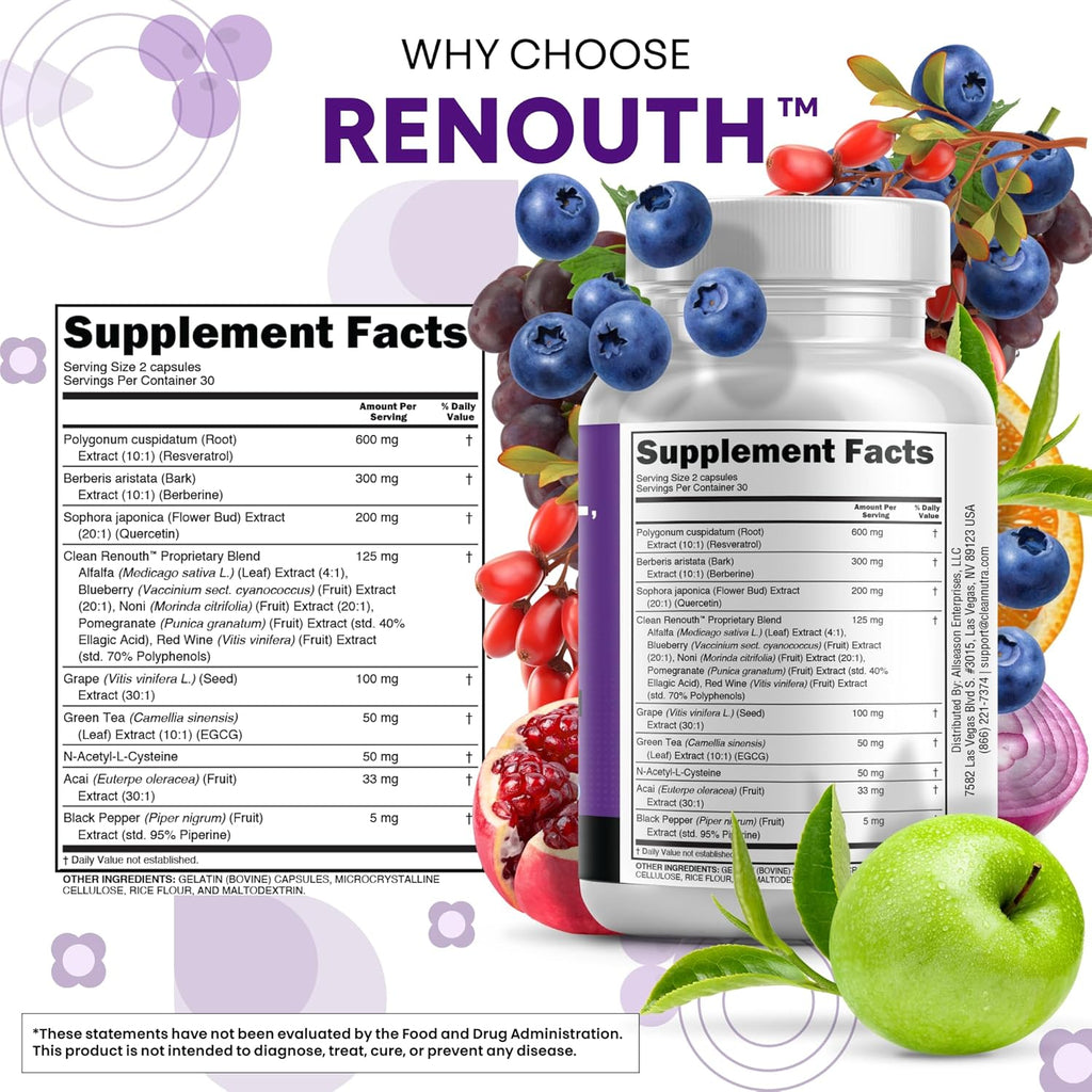 Clean Resveratrol Supplement | Berberine Grape Seed Extract Quercetin Green Tea Extract Acai Noni Polyphenol Supplement for Women & Men Anti Aging N-Acetyl Cysteine NAD Booster