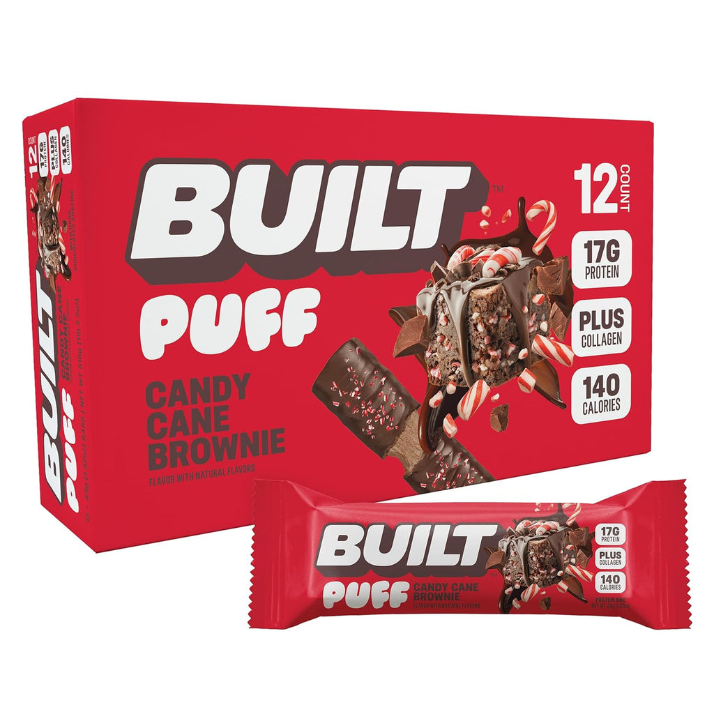 Built Bar, Puff Protein Bars, Candy Cane Brownie, 17g Protein Snacks, On-The-Go Bars, Only 140 Calories, 7g Sugar, Collagen, Gluten Free, 12 Count