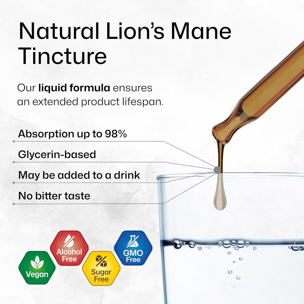 BIO KRAUTER Lions Mane Liquid Extract - Mushroom Supplement for Brain Support - Vegan Lions Mane Supplement - Alcohol & Sugar Free Drops - 2 Fl.Oz.