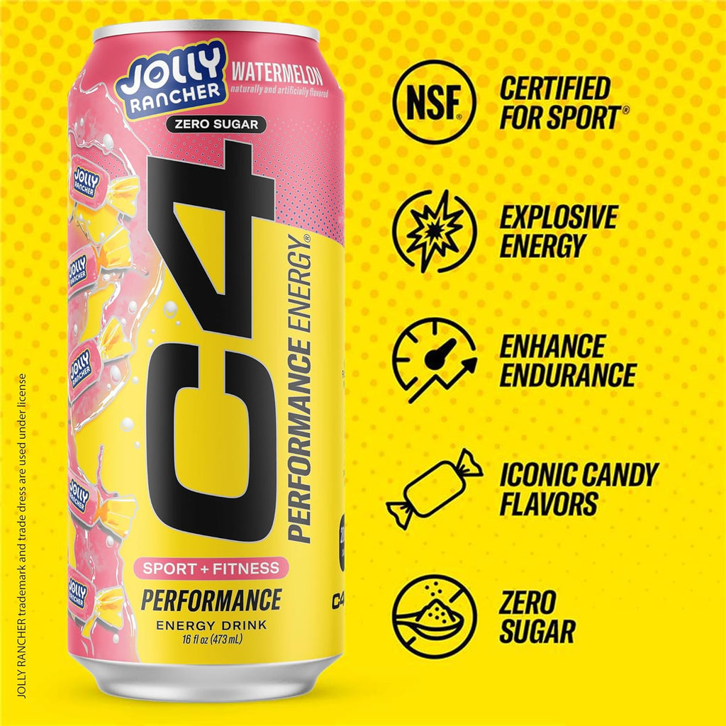 Cellucor C4 Performance Energy Drink | JOLLY RANCHER Watermelon | Zero Sugar Carbonated Preworkout Energy | 200mg Caffeine with Beta Alanine | 16 Fl Oz (24 Pack)