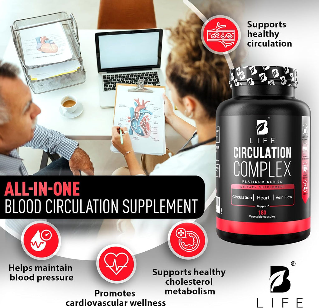 Butcher’s Broom, Horse Chestnut, L-Arginine and Resveratrol, Circulation Complex | 180 Caps - 45 Days | Made in USA by B Life. (CirculationUSA)