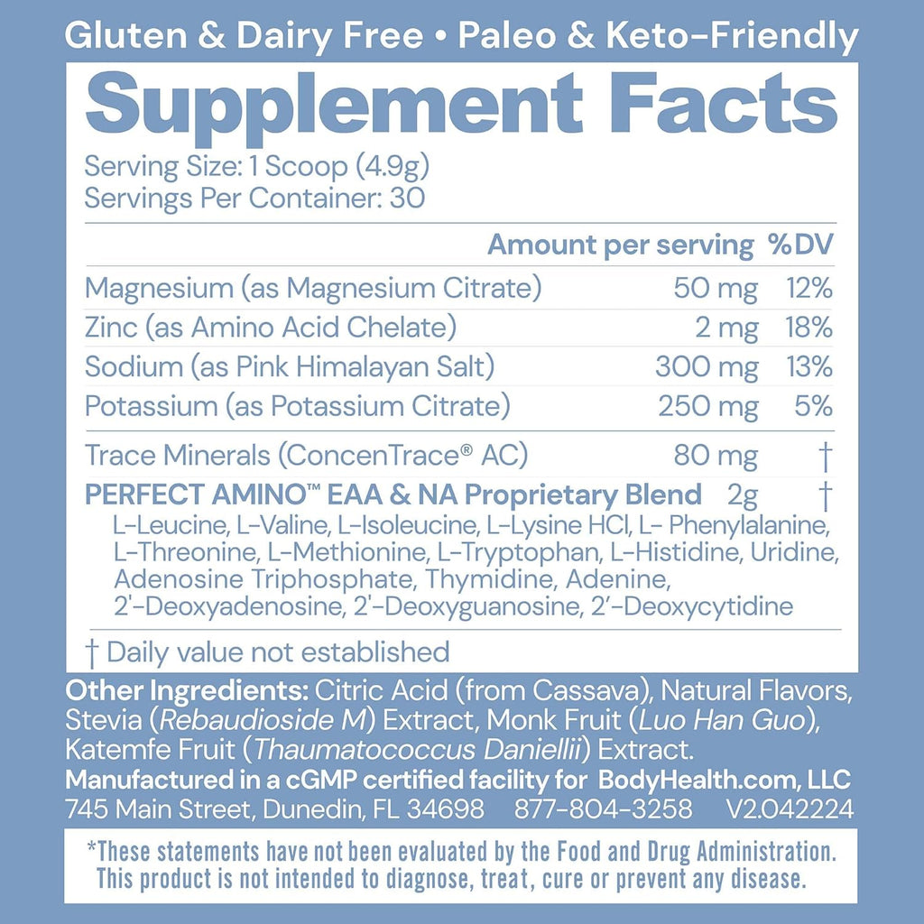 BodyHealth PerfectAmino Electrolytes Powder No Sugar, Hydration Fasting Keto Zero Sugar Electrolytes Drink Mix with Trace Minerals - Passion Fruit - 30 Servings