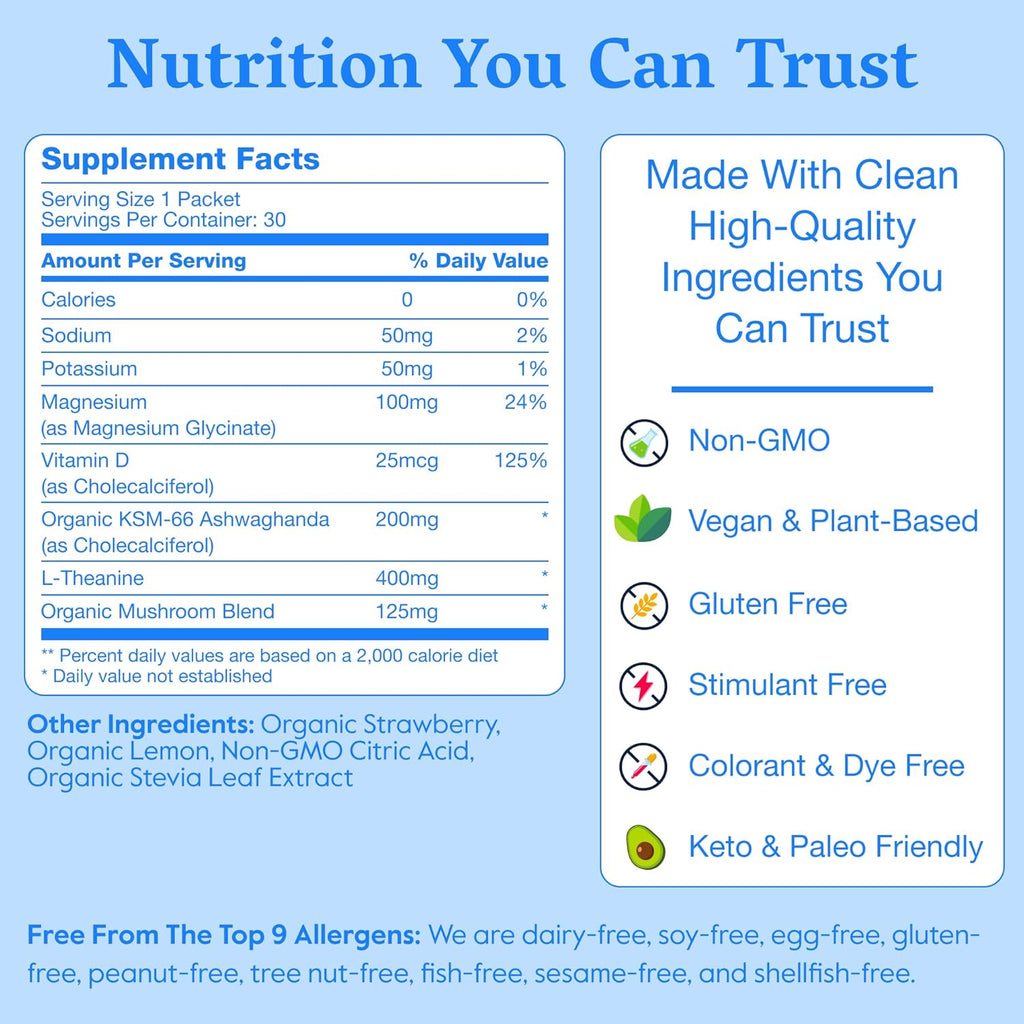 Nectar Calm Magnesium Glycinate Drink Mix - Sugar Free & Zero Calorie - with Organic Ashwagandha, Vitamin D, L-Theanine, Hydrating Electrolytes - Relax, Focus & Calm (Strawberry Lemonade 30 Sticks)
