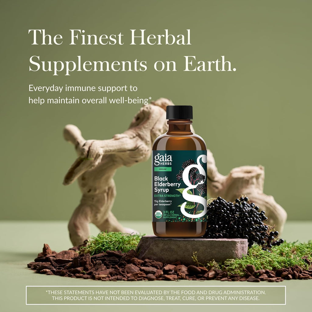 Gaia Herbs Black Elderberry(Sambucus Nigra) Syrup Extra Strength-Immune Support Supplement-Made with Organic Black Elderberries for Immune System-USDA Certified Organic Formula-3 Fl Oz(18-Day Supply)