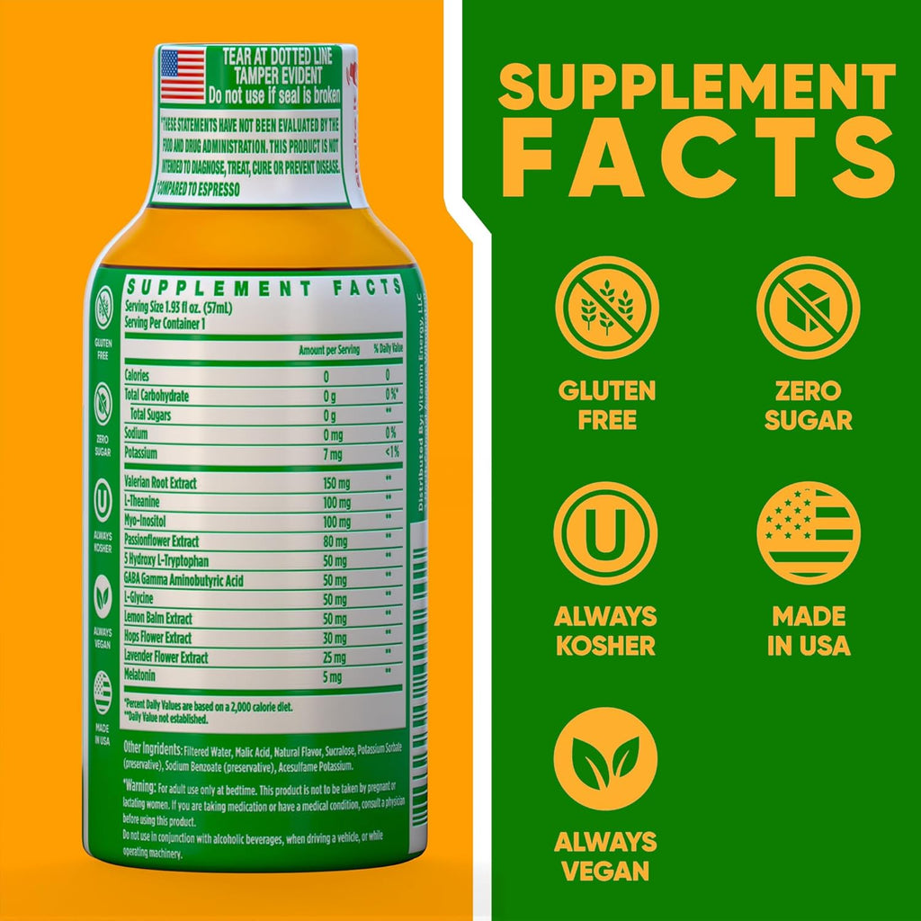 Vitamin Energy 8 Hour Sleep Shot Mango 8 Pack, Melatonin, 5-HTP, GABA, Valerian, Lavender, Nighttime Relaxation & Sleep Support Supplement, Zero Sugar, Vegan, Gluten-Free, Kosher, 1.93 fl oz